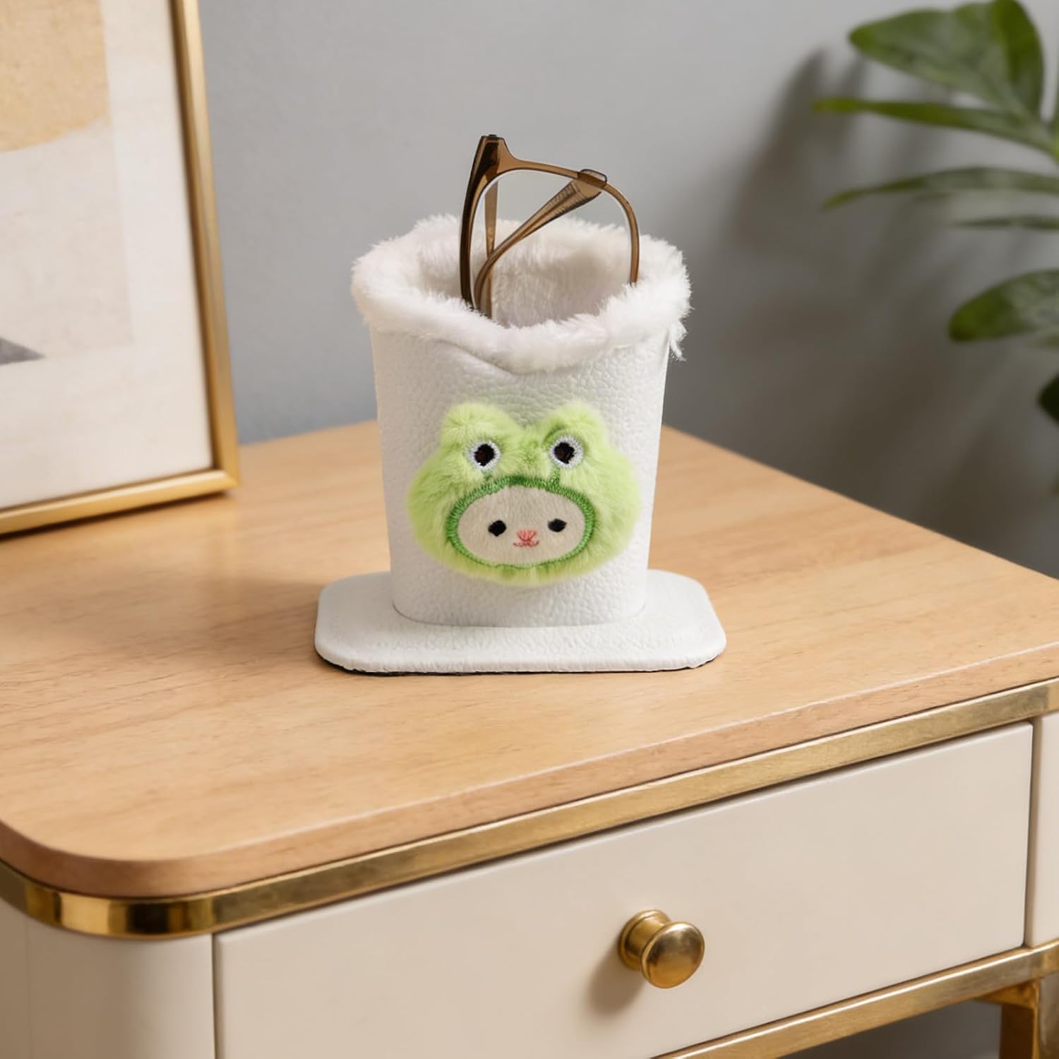 Plush Lined Glasses Stand - PU Leather Eyeglass Holder for Bedside Table, Nightstand & Desk - Anti-Scratch Eyeglasses Organizer for Home Office Dorm