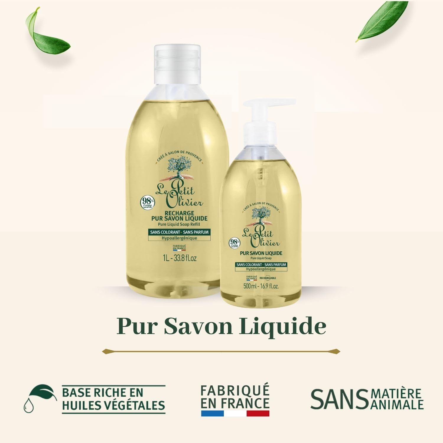 LE PETIT OLIVIER - Pur Savon Liquide - Hypoallergénique - sans Parfum & sans Colorant - Nettoie la Peau en Douceur - 98% d'origine Naturelle - Cuit au Chaudron - Fabriqué en France - 500ml