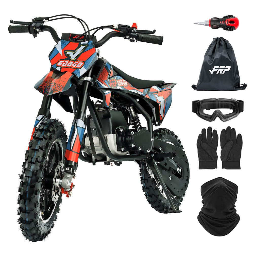 FRP OGM40 Kids Dirt Bike 40CC 4-Stroke Gas Powered Off-Road Mini Motorcycle with Goggles, Gloves & Neck Gaiter, Dual Disc Brakes, 20 MPH Max Speed, 132 LBS Weight Capacity (Red)