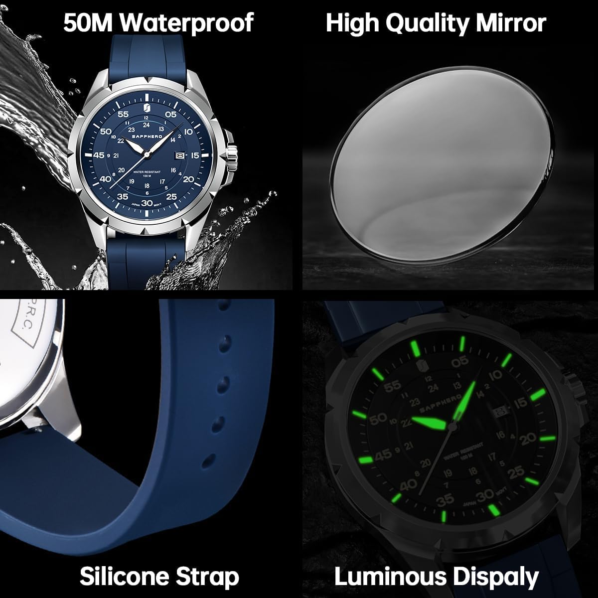 SAPPHERO Mens Watch 50M Waterproof Luminous Quartz Analog Watches with Date Display Casual Stylish Work Business Classic Silicone Strap Men's Wrist Watches Elegant Gifts for Men