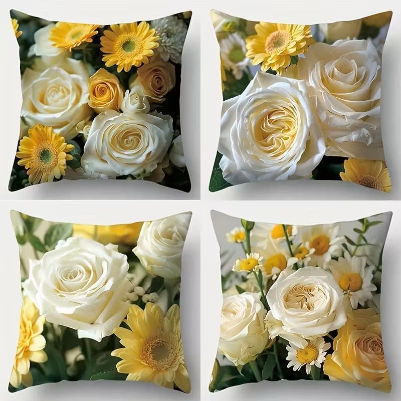 4-Pack Floral Pillow Covers – Yellow & White, 17.7x17.7 (45x45cm), Fresh Flower Pattern, Decorative Cushion Covers for Sofa, Bed, Office – No Insert