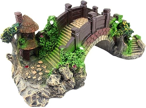 Totority Decoración de pecera de madera flotante, puente levadizo con césped para decoración de paisajismo de acuarios, conchas de cangrejo ermitaño