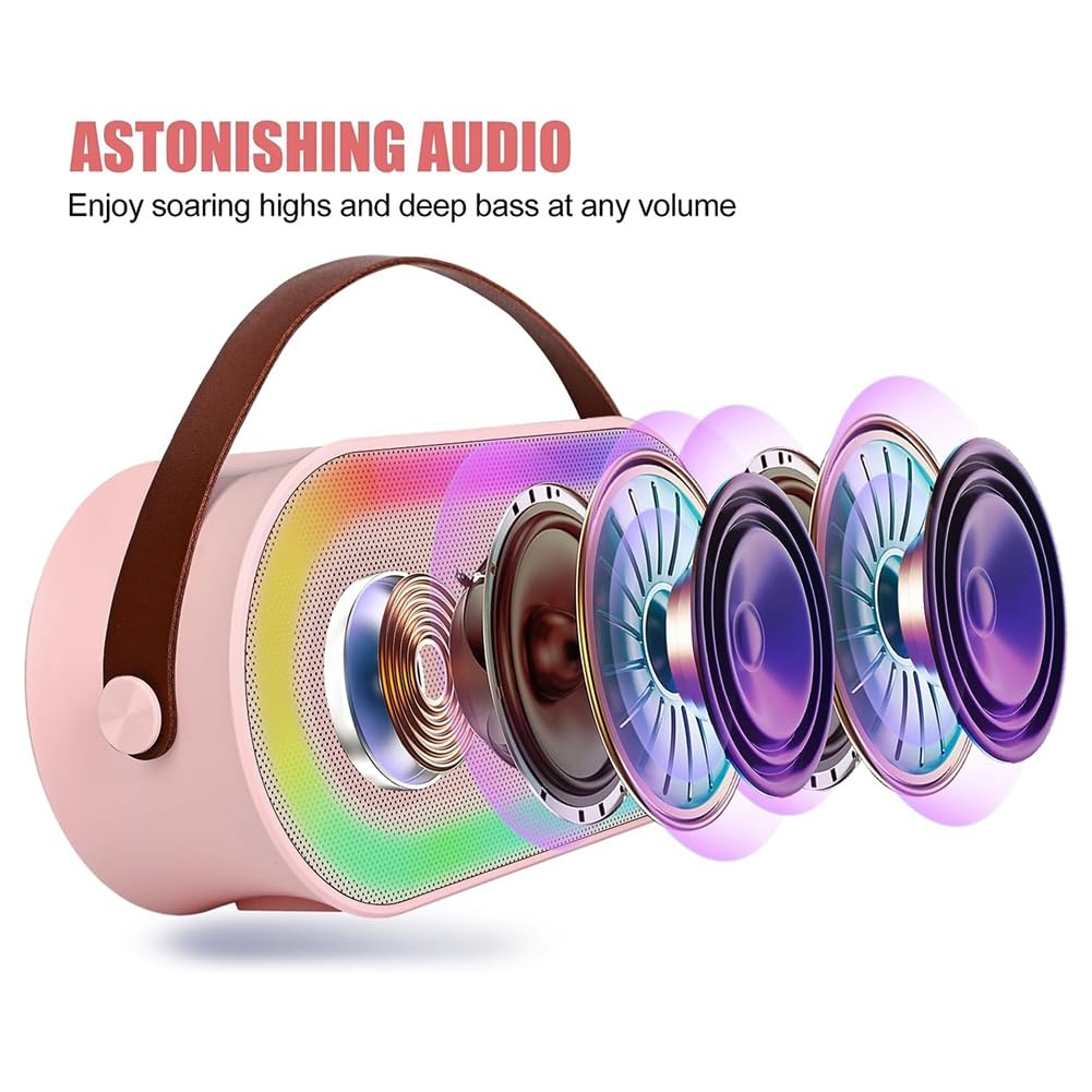 Mini Karaoke, przenośny zestaw głośników Bluetooth z 2 mikrofonami bez i światłami LED (różowy)
