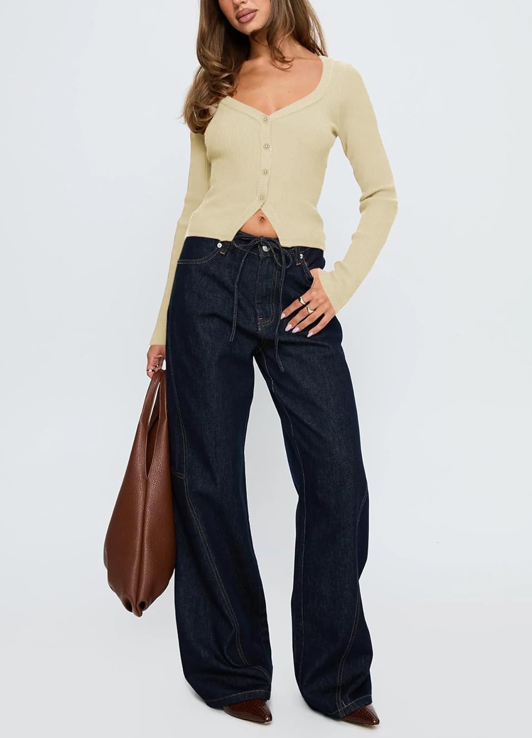 Women Button Up Fitted Cardigan Long Sleeve V Neck Cami Shirt Y2k Ribbed Crop Tops - Image 6