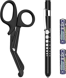2 Pack Medical Scissors and Penlights with Batteries for Nurses Medical Supplies with One LED Medical Pen light, One 6 inches Scissors Trauma Shears for First Aid EMT (Black Set)