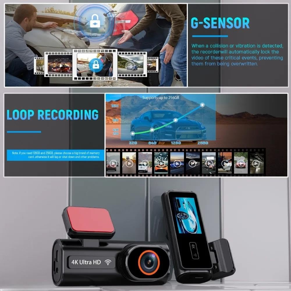 Kamera samochodowa 4K z nagrywaniem w pętli, 24-godzinnym monitorowaniem parkowania, nagrywarka 1080P z trybem nocnym, tylna kamera, obsługuje WiFi i GPS,32g