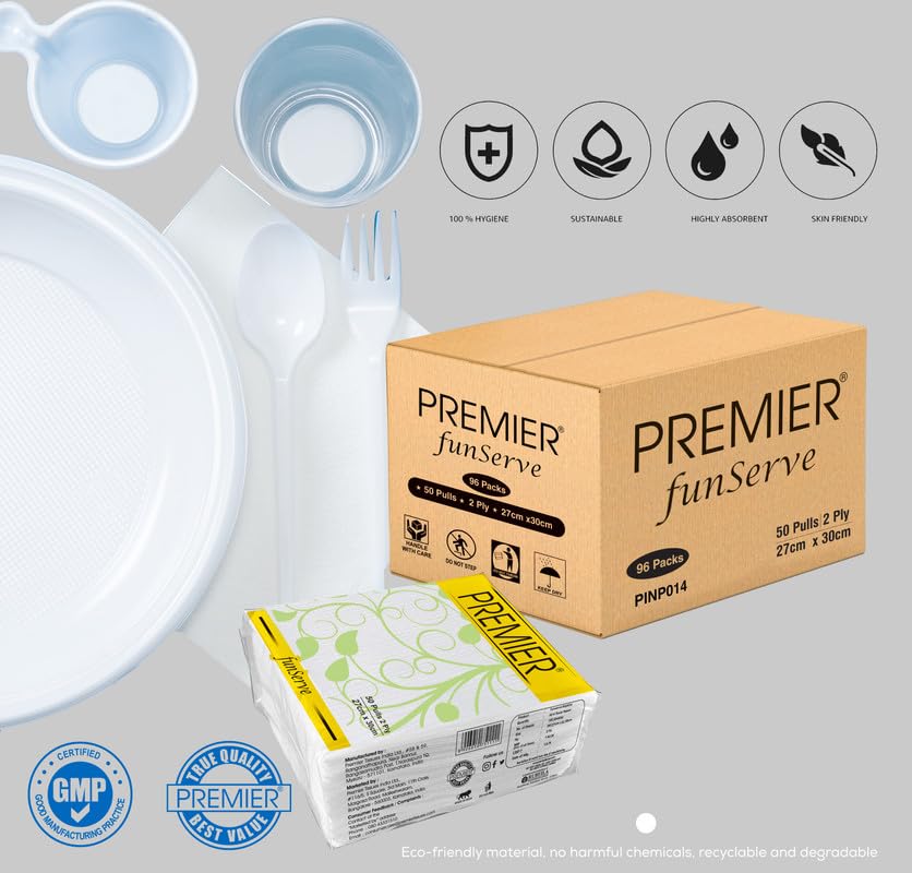 Image of Premier FunServe Tissue Paper Napkin (4800 Sheets) | 50 Pulls (Pack of 96) Wholesale Bulk Carton | Soft Absorbent 2ply Tissue Napkins | Disposable Table Napkins for Everyday use, party, home, offices