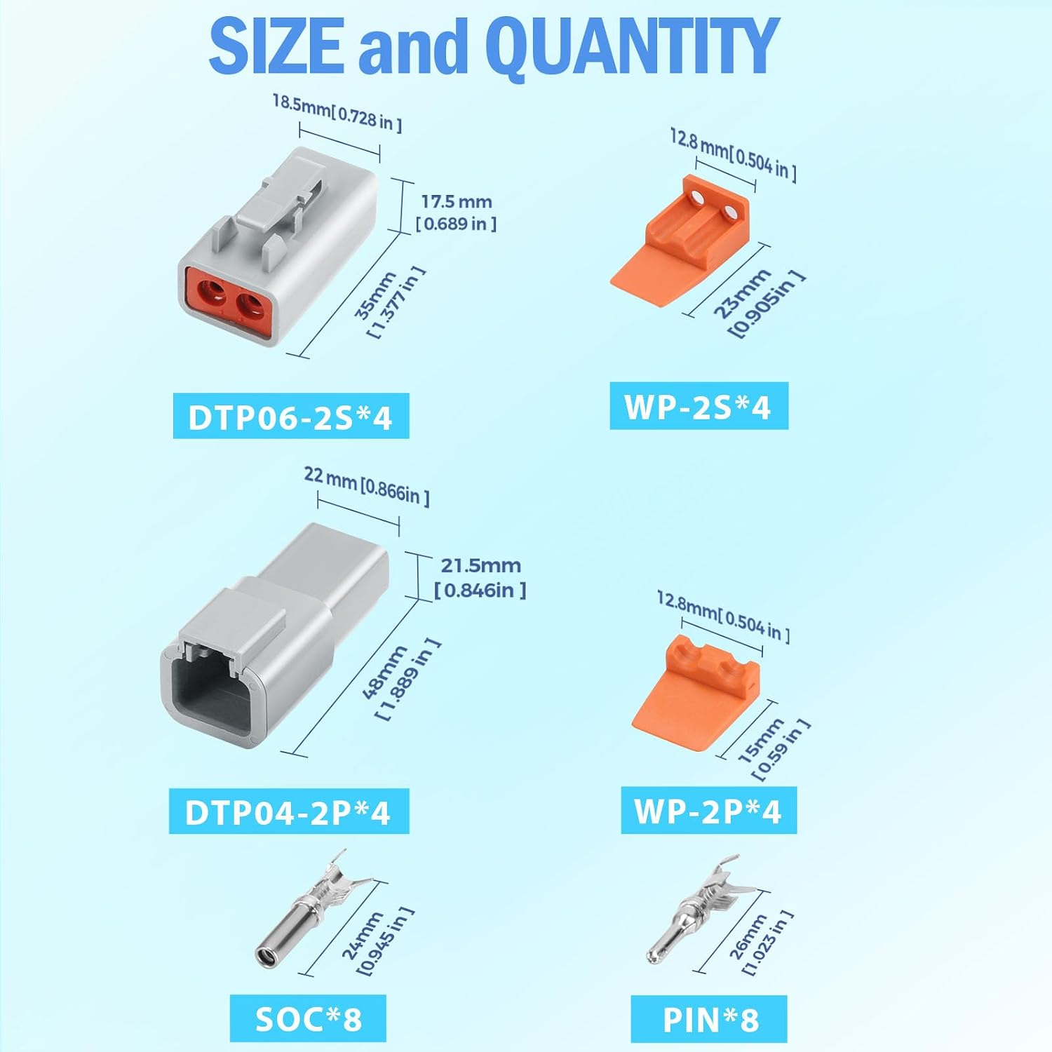 48 PCS Deutsch DTP Connector Kit 2 Pin Automotive Waterproof Electrical Connectors 6 Sets with Size 12 Solid Contacts Gauge 14-12 AWG Wire Size,25A