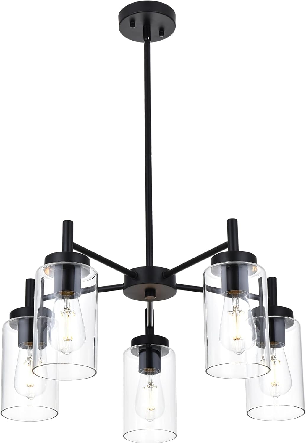 5-Light Contemporary Black Chandelier, Modern Industrial Dining Room Light Fixtures Over Table, Ceiling Hanging Kitchen Island Pendant Lighting Fixtures w/Clear Glass Shade for Entryway Foyer