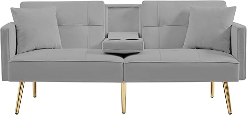 Sofá Cama Futon de Terciopelo Convertible, Sofá Cama Reclinable con Dos Almohadas y Patas de Metal Dorado para Sala de Estar 69.2'' Gris,69.2''