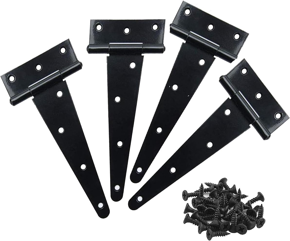 6 Inch T Strap Hinges 4 Pack, Black Heavy Duty Gate Hinges, Rustproof Iron Hardware for Gate, Wooden Fences, Metal Gates, Barn Door, Cabinet and Shed