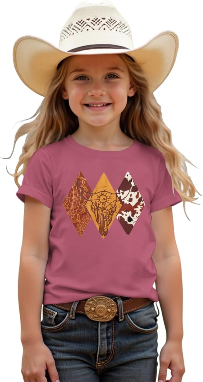 MODNTOGA Toddler Baby Girl Rodeo Cow Skull Shirt Retro Cowgirl Graphic T-Shirt Western Cow Print Summer Tee Short Sleeve Tops