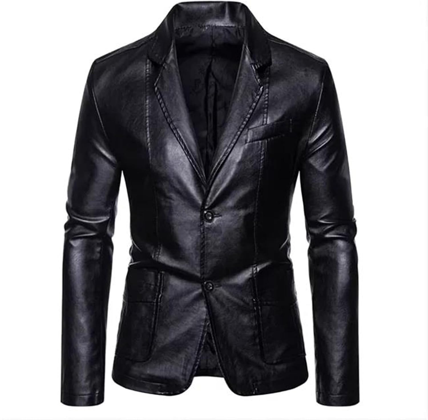 Men's Business Casual Faux Leather Jacket Turn-Down Collar Slim Fit Suit Style Coat With Pockets Pu Leather Jacket Parka