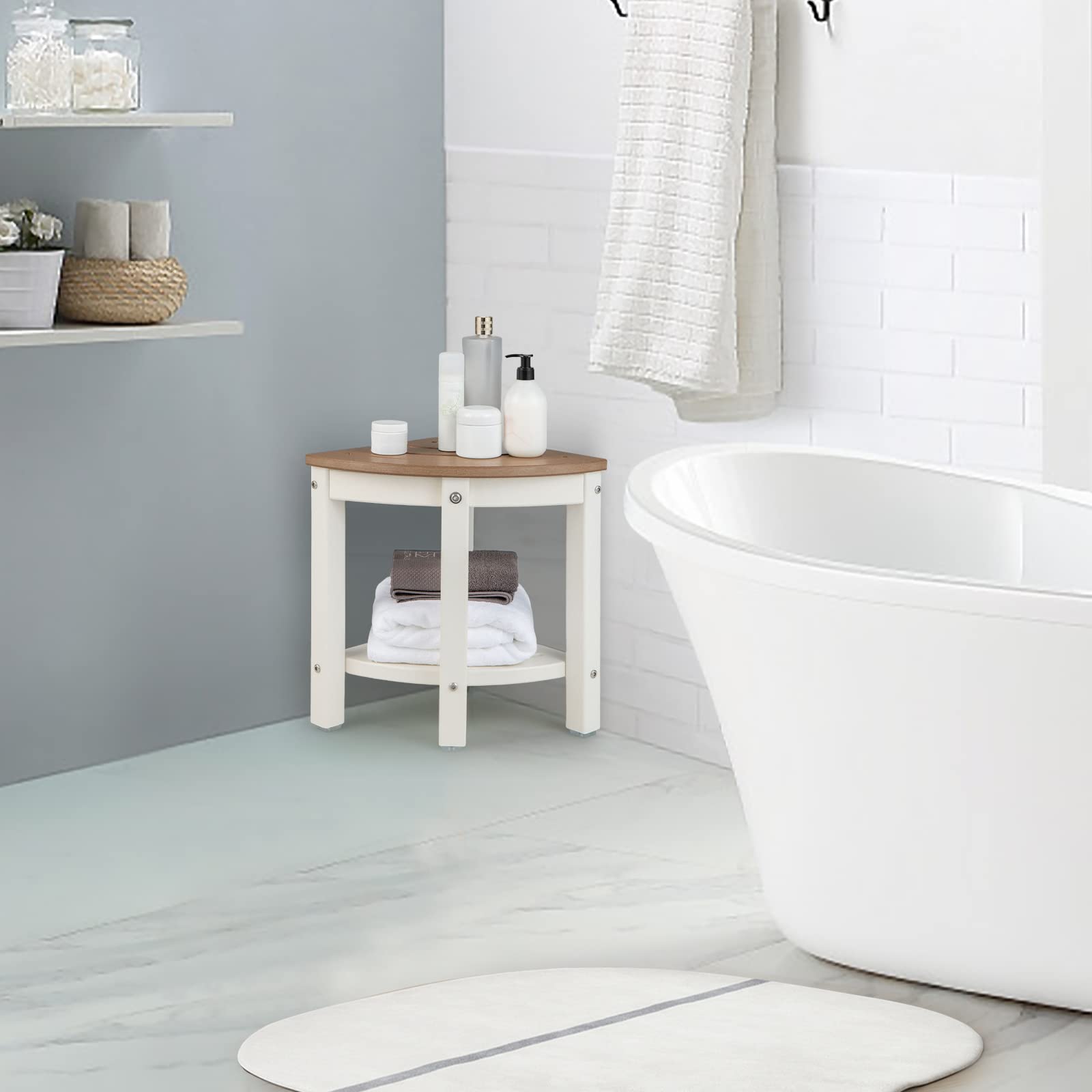 LIFEZEAL Tabouret de Salle de Bain à 2 Niveaux, Banc de Douche Solide en HDPE Jusqu’à 150 kg, Tabouret de Douche avec étagère de Rangement pour Adultes, Seniors, (Blanc+Café)