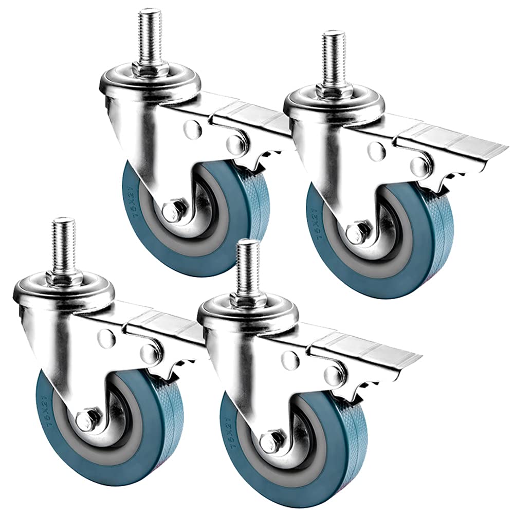 Lenkrollen Möbelrollen 75 mm Lenkrollen, Schwerlastrolle 200 kg, Rolle mit Bremse, M10/M12-Gewindewagen-Möbelrolle, 4er-Set(with Brake,M12*30)