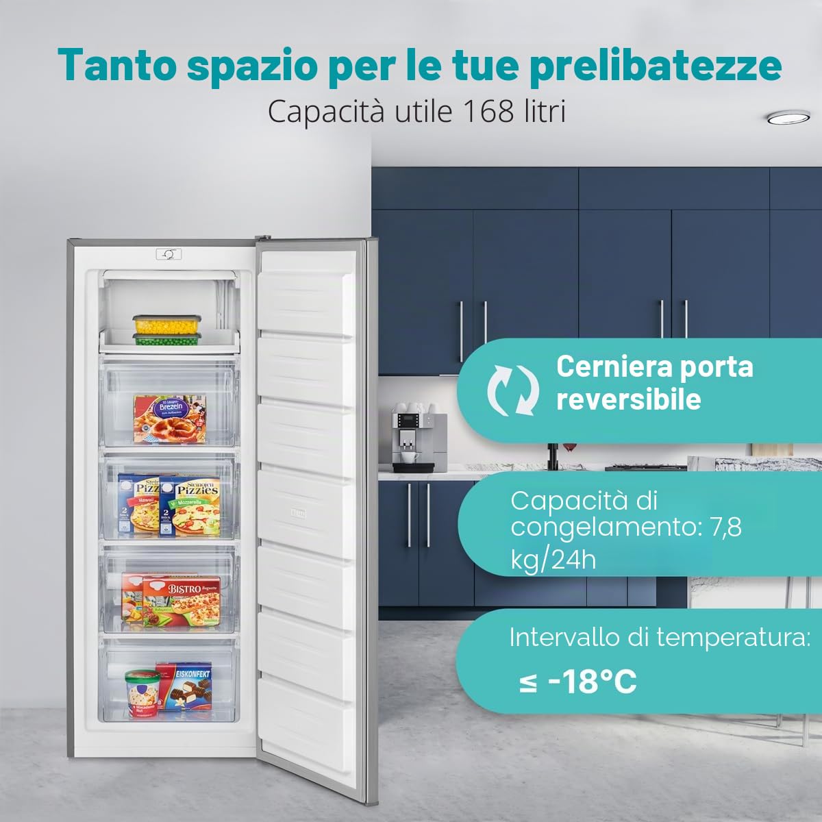 Congelatore Bomann® da 143 cm, Scomparto congelatore a 4 stelle, Intervallo di temperatura: ≤ -18 °C, Congelatore silenzioso a 40 dB, Cerniera della porta reversibile,