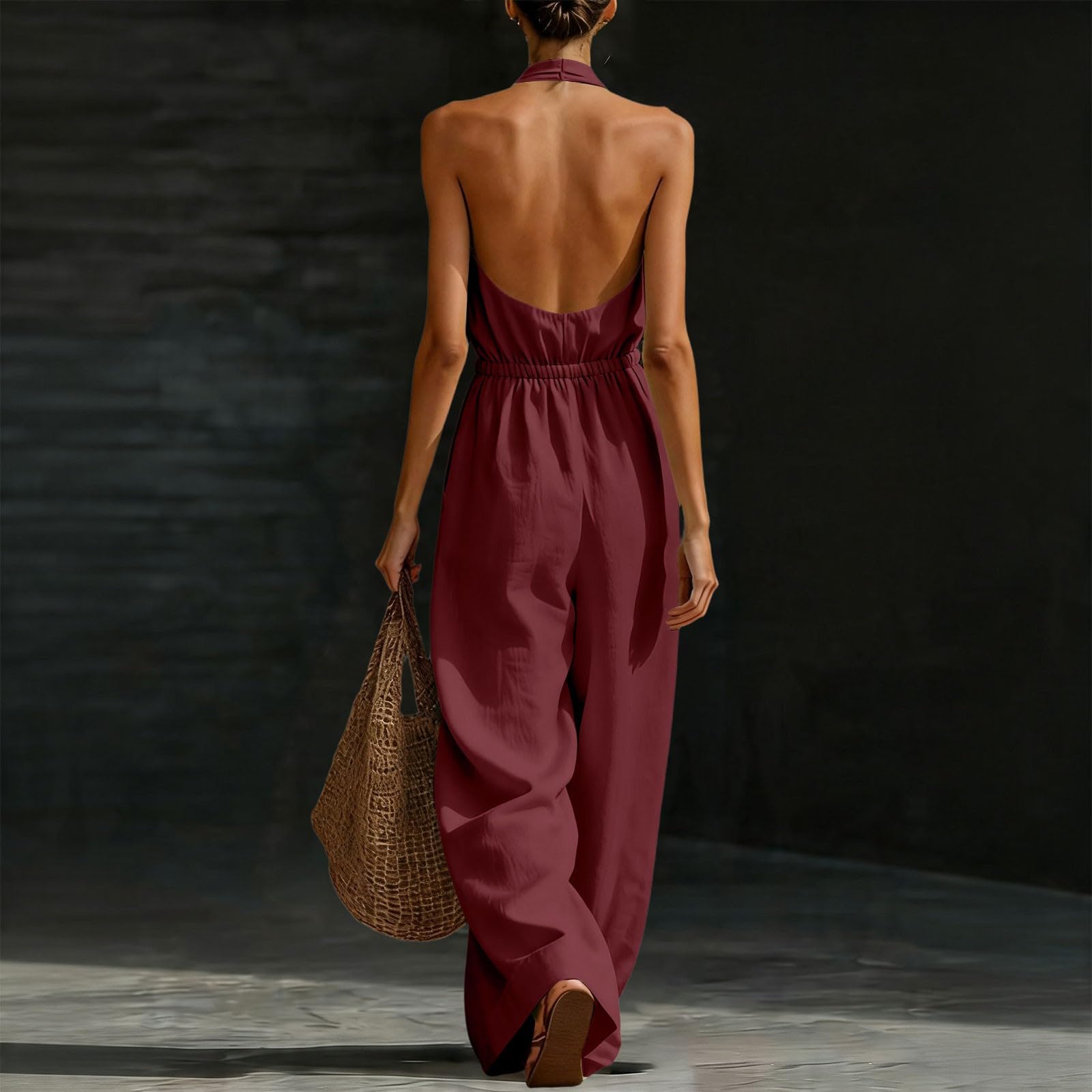Generisch Tuta da donna elegante per matrimonio, con allacciatura al collo | Tuta con scollo a V, tinta unita, senza maniche, a gamba larga, con tasche, tuta aderente per feste