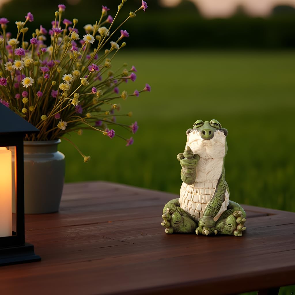 JFSM INC. Whimsical Hilarious Alligator Rasing Middle Finger Figurine Funny Garden Decor - Indoor Outdoor Garden Statue