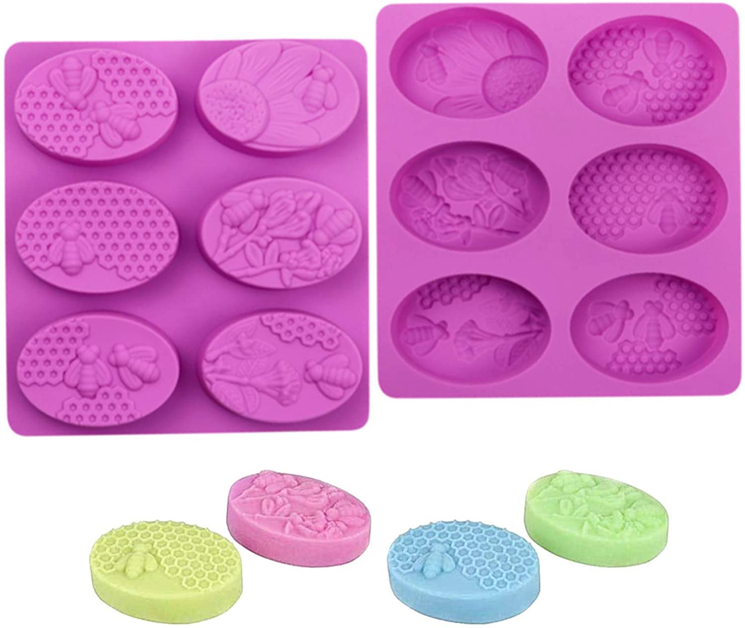 Yuniverse 2Pcs Oval shape Bee Silicone Soap Molds, 6 Cavity Honeycomb Molds for Chocolate Jelly Candy Homemade Craft Making - 21.5 x 20 x 2.3 cm