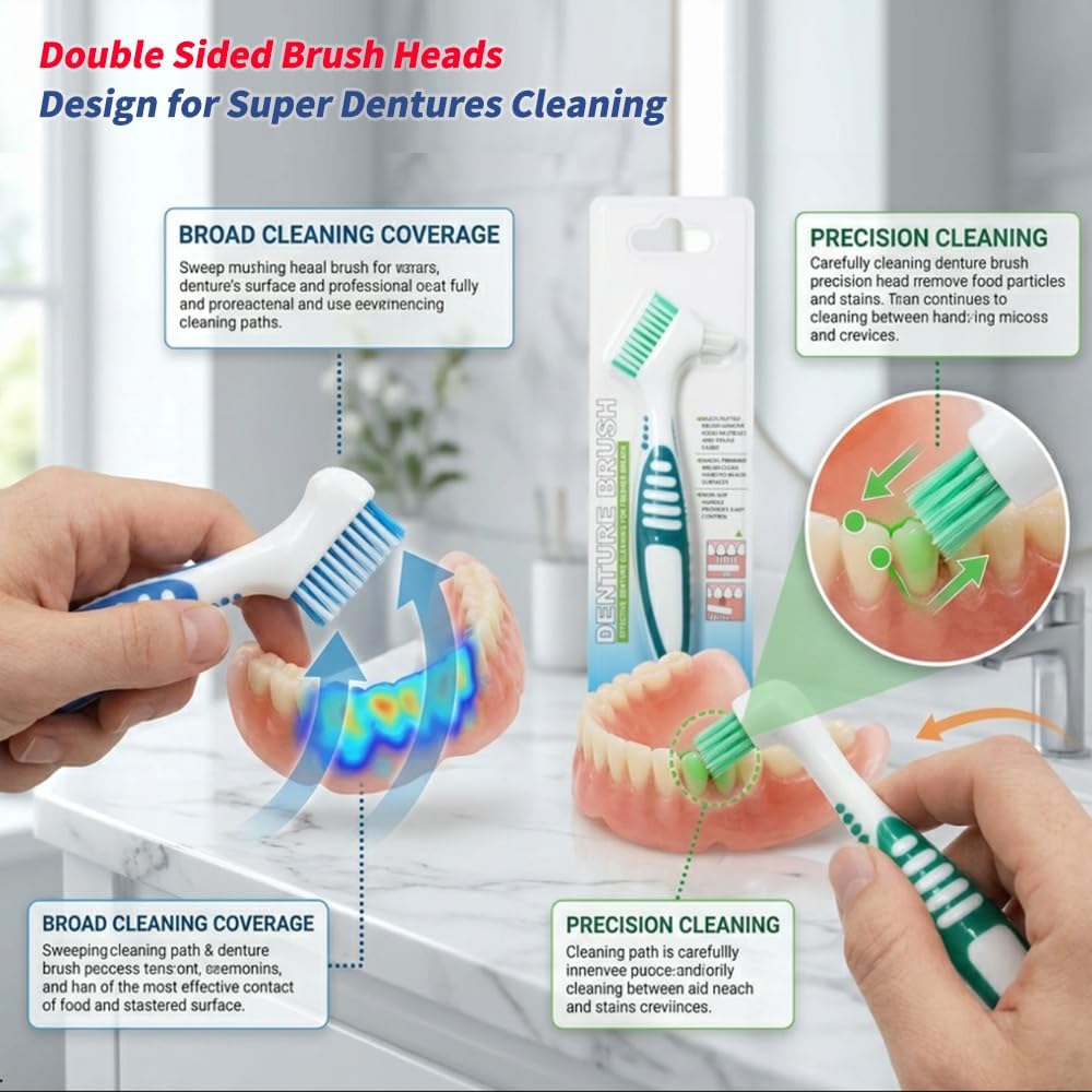 4Pcs Denture Brushes with Carrying Case, Hard Double Sided Denture Cleaning Brush Heads for False Teeth Cleaning