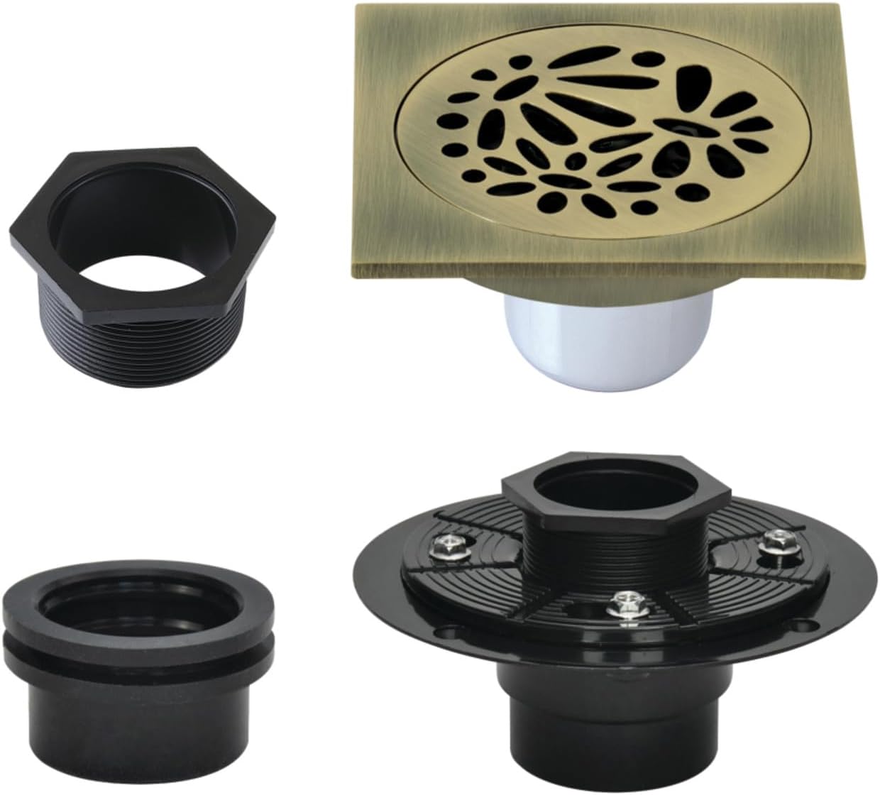 4" Brass Square Grid Shower Drain with Hair Strainer and Base Flange, Antique Brass