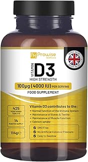 Vitamin D3 4000 IU High Strength I 425 Vegetarian Tablets (14 Months Supply) I Easy Swallow Vitamin D3 Supplement for Immune Support, Calcium Boost, Bone & Muscle I Vitamin D Made in the UK by Prowise