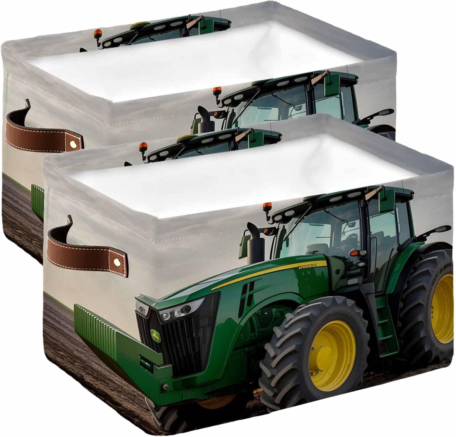 Farm Tractor Storage Basket with Handles for Shelves Closet, Green Truck Country Rustic Field Harvester Collapsible Fabric Cube Storage Organizer Bins for Shelves, Closet 2Pieces