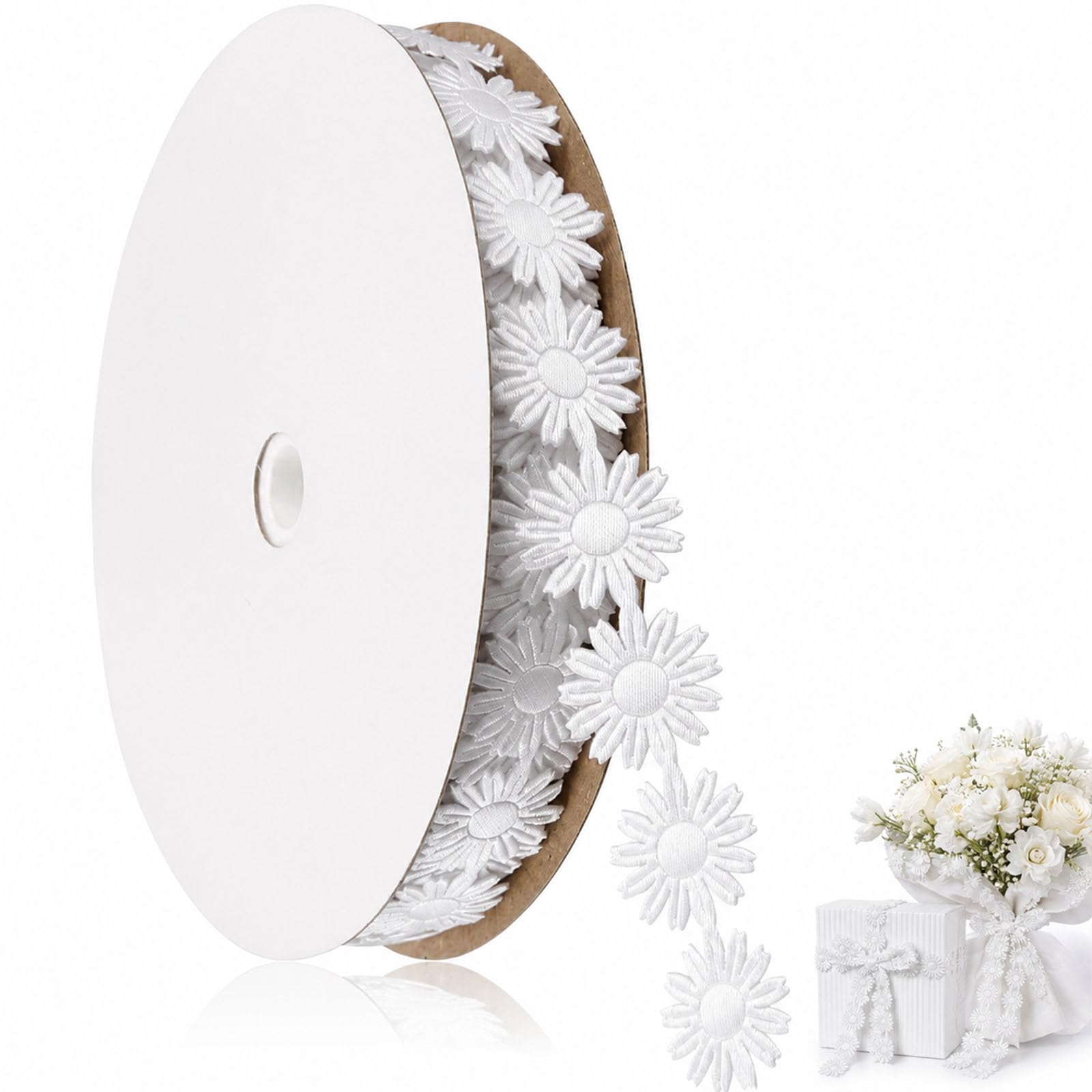 Solvind 20 Yards White Daisy Flower Lace Trim, 18mm Polyester Decorative Lace Ribbon, Floral Sewing Applique for Wedding DIY Crafts Clothing Home Decoration