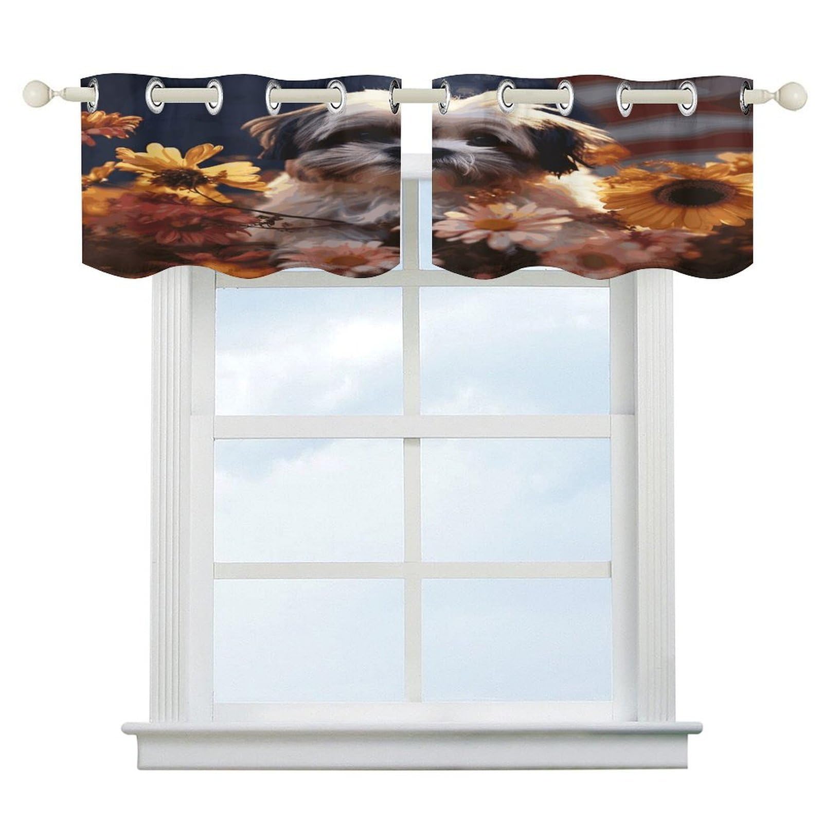 Cortina corta Shih Tzu con flores para baño o cocina, cenefa de arte moderno para ventanas