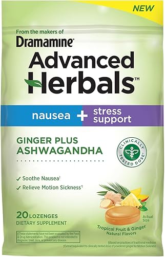 De los creadores de Dramamine, pastillas Advanced Herbals de jengibre y ashwagandha, para alivio de náuseas y apoyo contra el estrés, sabor a fruta