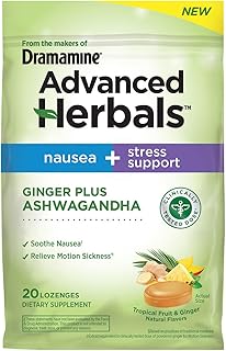 From the Makers of Dramamine, Advanced Herbals Ginger & Ashwagandha Lozenges, for Nausea Relief & Stress Support, Tropical Fruit and Ginger Flavor, 20 Count