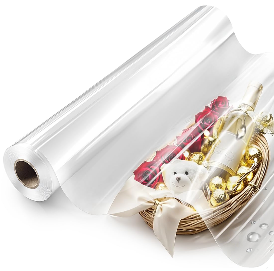 PerkHomy Folio Clear Cellophane Wrap Roll 32" x 100' Folded 3 Mil Thick Cellophane For Gift Basket Treats Goodie Wrapping Craft Flower Bouquet Plastic