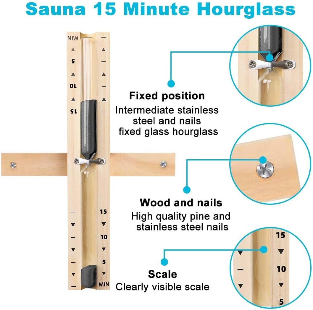15 Minute Sauna Sand Timer Hourglass, Heat Resistant 15 Min Wood Clock, Rotating Large Reloj De Arena, Wooden Hour Glass Sandglass for Sauna Room, White