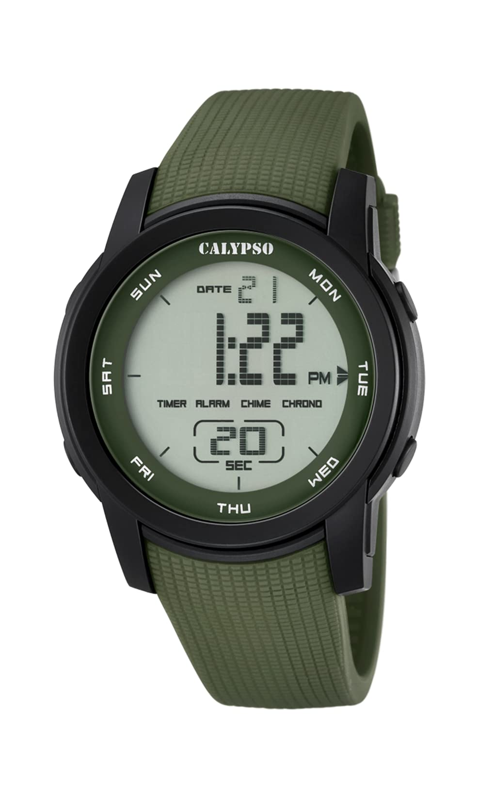 Calypso Montre Digitale Homme en Caoutchouc Vert Montre Sport Homme | Étanche 10 ATM Date et Calendrier, Chronographe, Double Fuseau Hor., Éclairage, Alarme, 12 et 24 Heures K5698/4 Color Splash