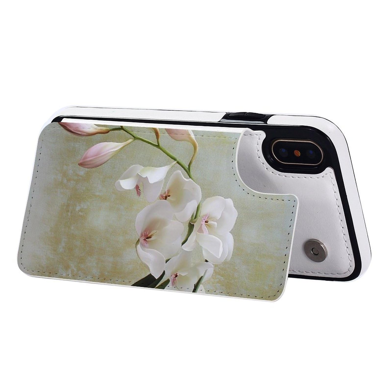 Funda tipo cartera para iPhone X/XS, diseño de orquídeas de campana, funda de piel con ranuras para tarjetas