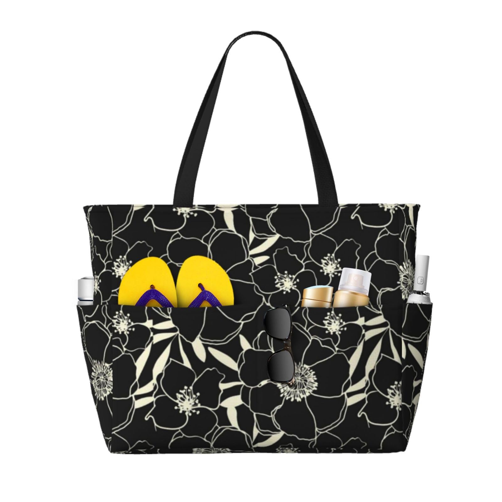 Grand sac de plage fleurs noires et blanches au design unique