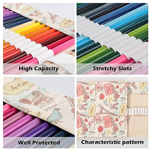 Image of Surblue Canvas Pencil Case Pencil Roll Wrap with 72 Slots Coloring Pencil Holder Organizer Paint Brush Storage Pouch Portable for Artist, Writer (Beige Rose