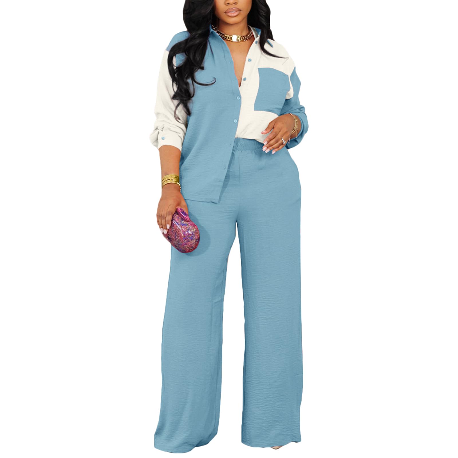 MoliloveWomen's Casual 2 Piece Outfits Long Sleeve Button Down Shirt and Wide Leg Pant Tracksuit with Pockets Streetwear