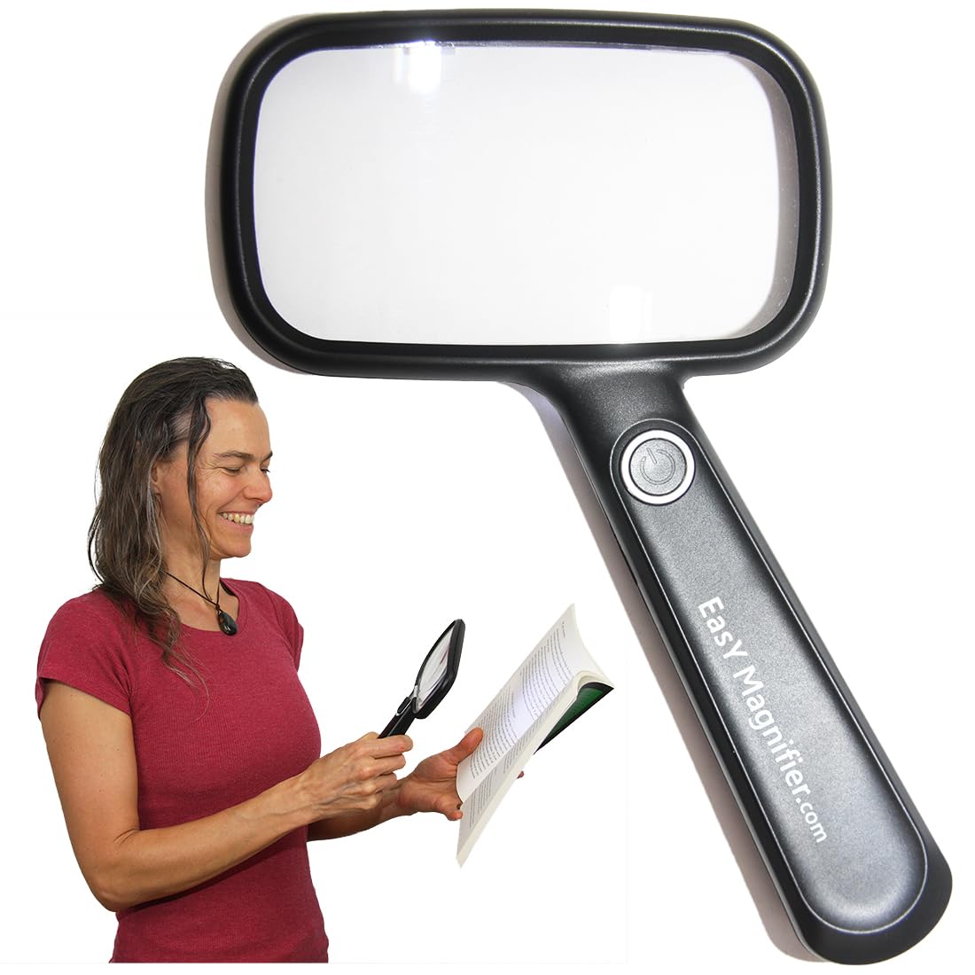EasY Magnifier Magnifying Glass 2.0X with LED Light for Reading - Large hand-held Magnification with Battery and USB charging cable; Rechargeable Magnify Glasses as a visual aid and practical gift