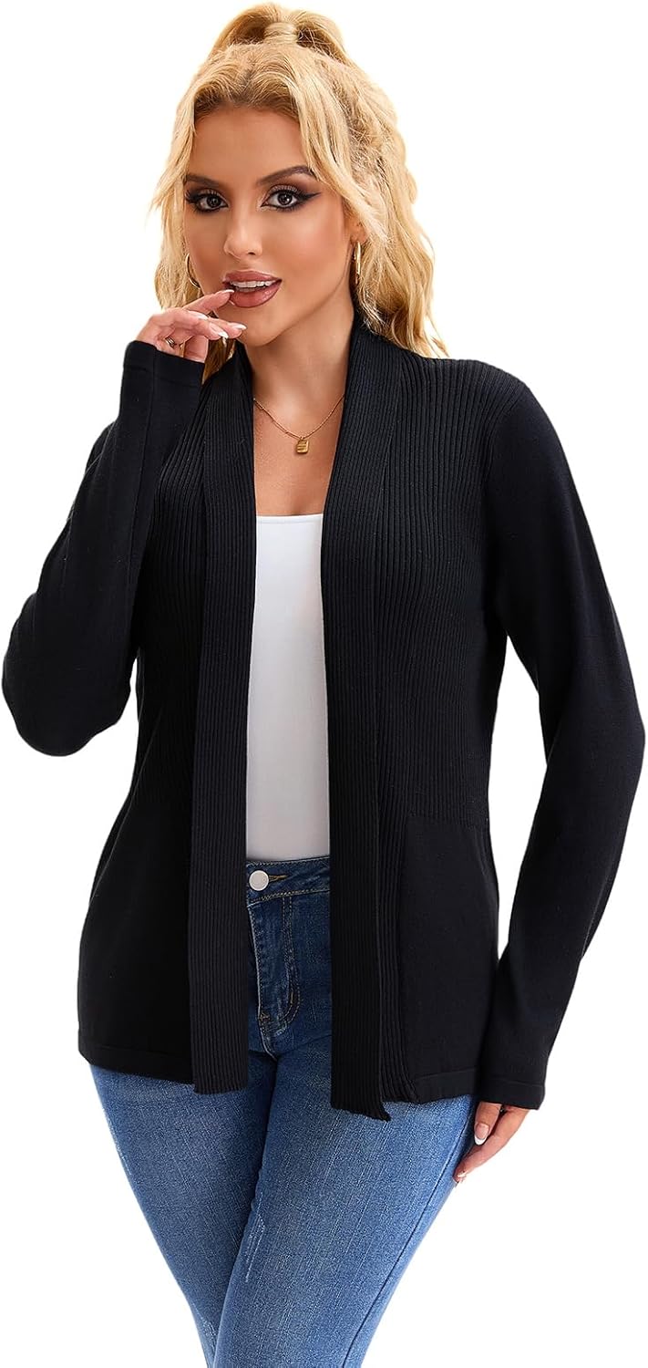 Women’s Open Front Cardigan, Soft Knit Ribbed Long Sleeve Sweater for Work Casual Travel Daily Outfits - Image 2