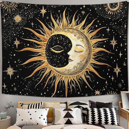 Quorin Tapiz de sol y luna, tapices estéticos bohemios negros y dorados bohemios para colgar en la pared, decoración del hogar para dormitorio, sala de estar, dormitorio, 60 x 90 pulgadas