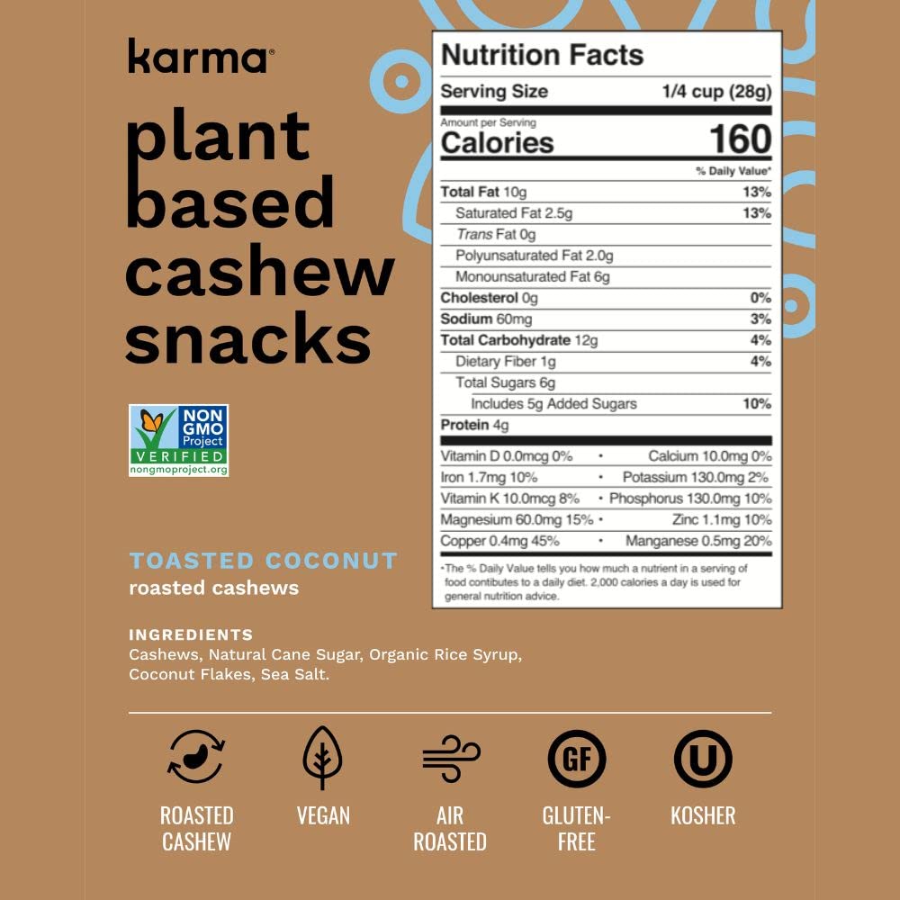 Toasted Coconut Cashews by Karma Nuts, Whole, Sweet, Roasted, Vegan, Gluten Free, Low Net Carb, Natural, Everyday Nut Snack, 8oz Jar (Pack of 6) : Grocery & Gourmet Food