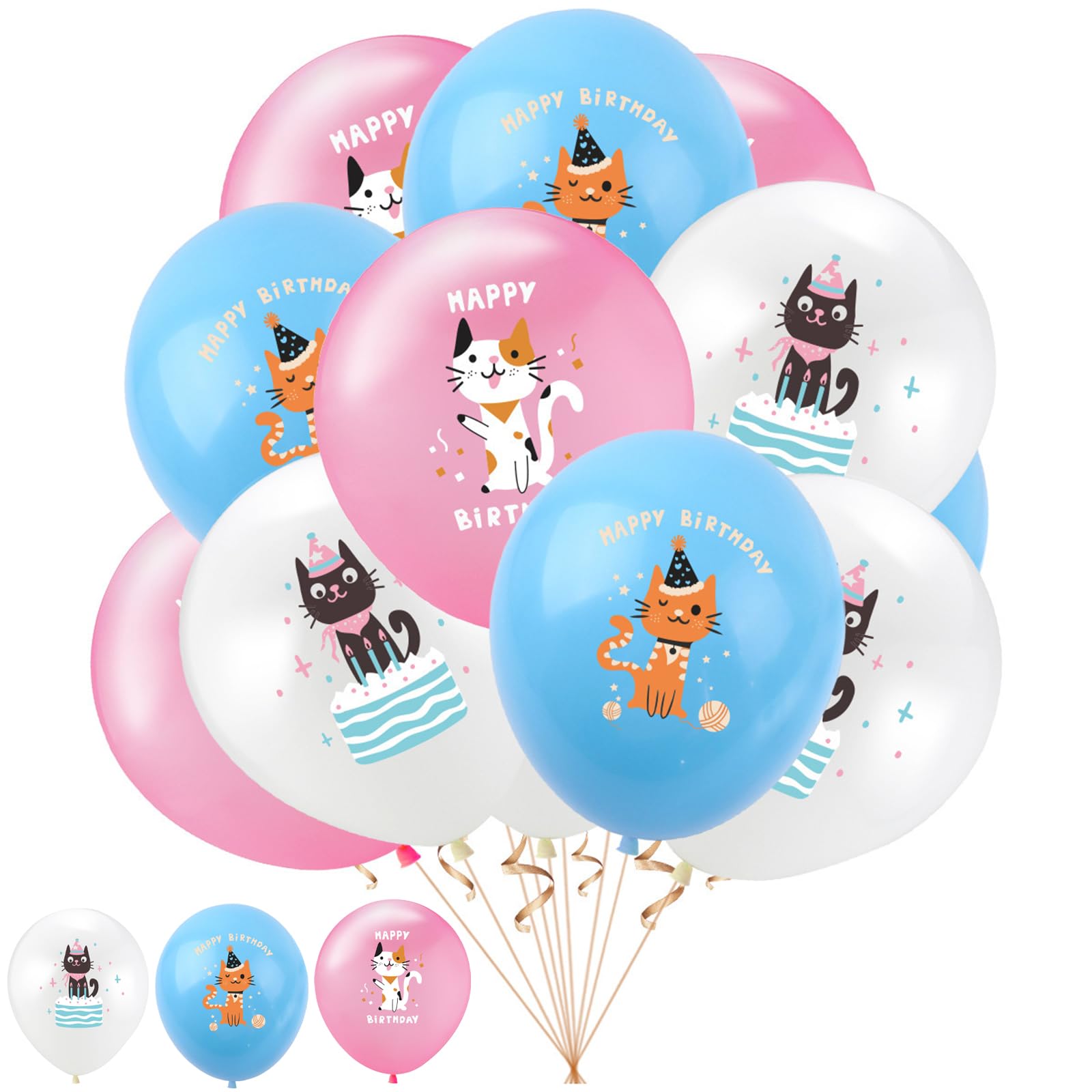 12 Pack Birthday Balloons - Cat Theme Latex Balloons for Party Decorations, Includes Ribbon for Adult Birthday Party Supplies (4 Pink, 4 White, 4 Blue)