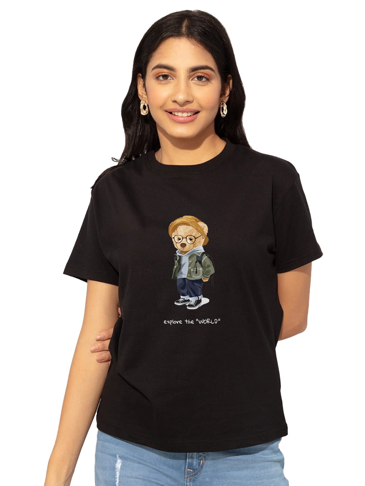 Darkbuck Anime T Shirt for Women Regular Fit Teddy Bear with Hat T-Shirt