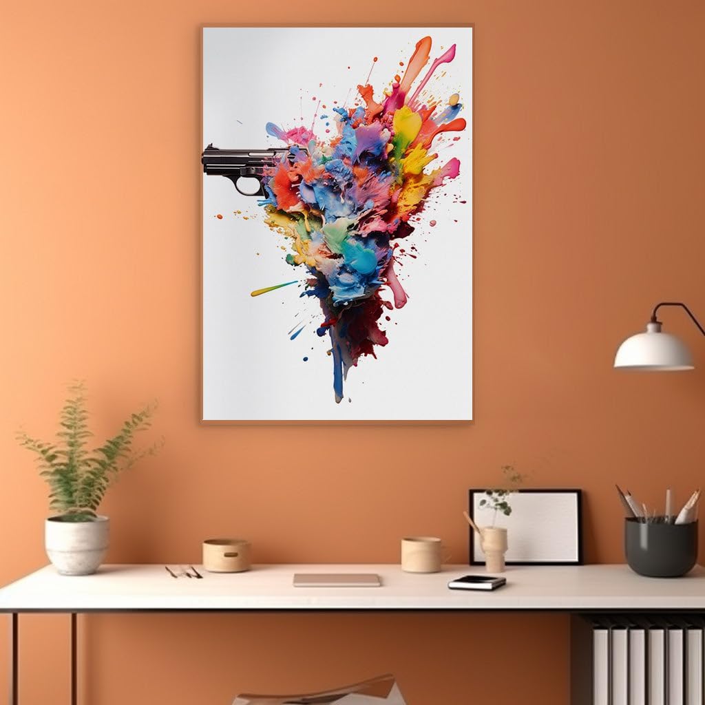 Canvas for Living Room. Art Unleashed with a Bang - A Vivid Paint Explosion from The Barrel of a Gun Against Stark Whiteness, 27 x 18 inch Canvas Wall Art - Strokes and Lines - Modern Home Decor