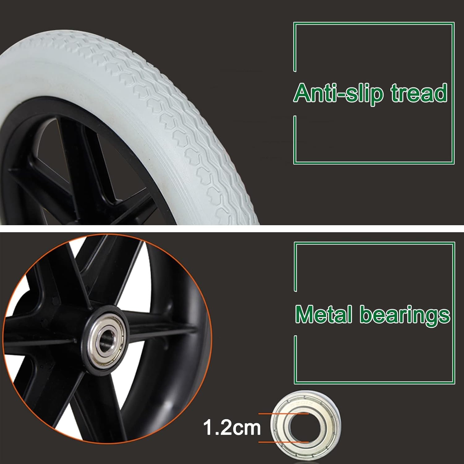 Vollreifen Vorderrad, 2 Stück Ersatzräder Für Radch, Mit Lager/Schraube, Schwarz/Grau Walker Räder Kein Aufblasen Erforderlich, Black, 300mm-12inch