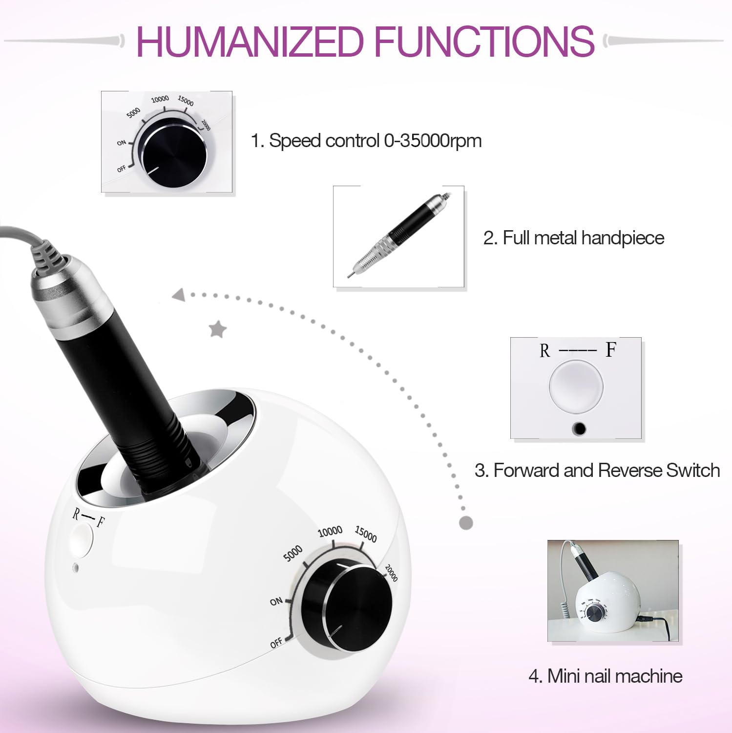 Torno para Uñas Profesional 35000 RPM, AZ GOGO Torno para Uñas de Gel y Acrílico, Lima Eléctrica para Uñas con 7 Brocas, Velocidad Ajustable, Set de Manicura y Pedicura Eléctrico para Salón DIY