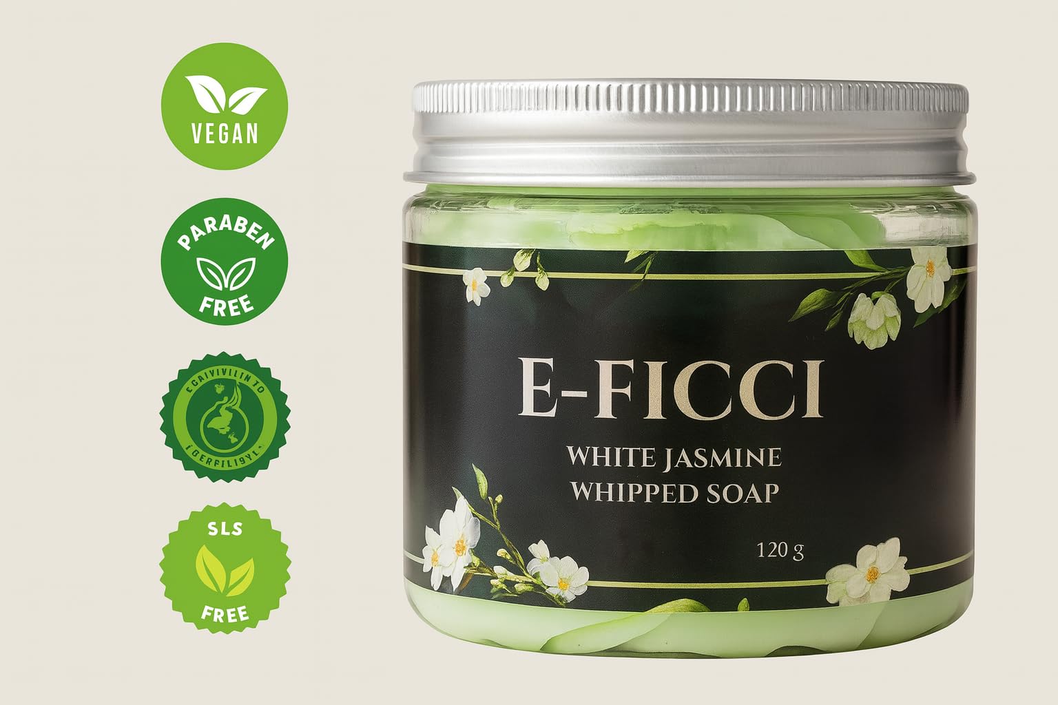 E-FICCI Whipped soap - White Jasmine scent, 120 g, Moisturizing and Nourishing Body wash, VEGAN frendly, MADE in UK - Image 2