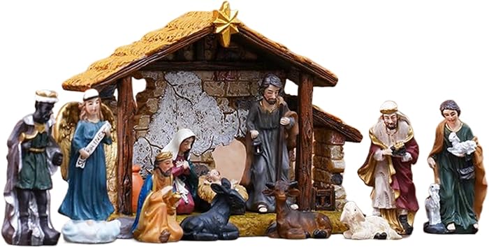 Nativity Scene Set | Religious Jesus Birth Sculptures Resin | 12-piece Hand-painted Resin Christmas Manger Set | Indoor Desktop Home Decor With Stable | Nativity Scene Collectible Figurine | 5cm Class