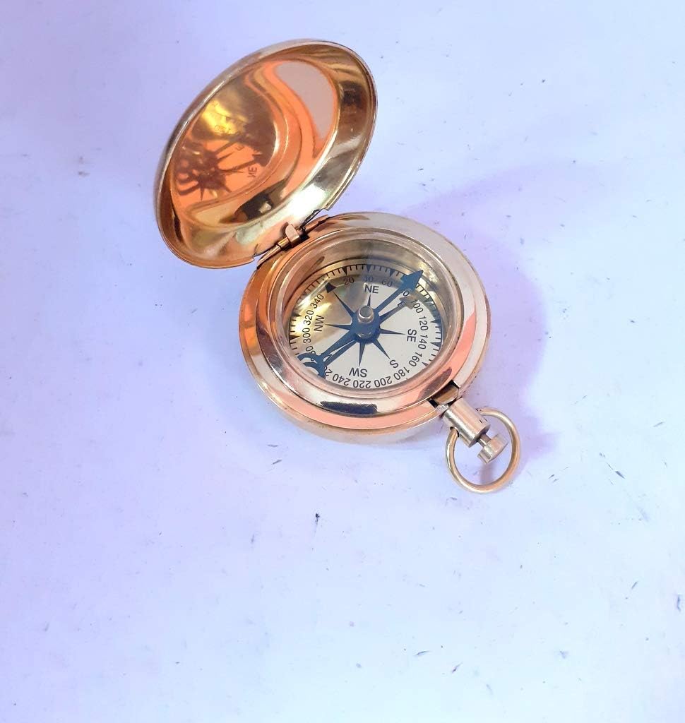 Nautical Brass Compass 1.5" inch Push Button Sundial Antique Pocket Compass with Chain Colors Golden